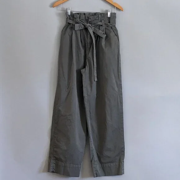 Everlane Paper Bag Waist Wide Leg High Rise Organic Cotton Pants Green XS - Picture 5 of 8